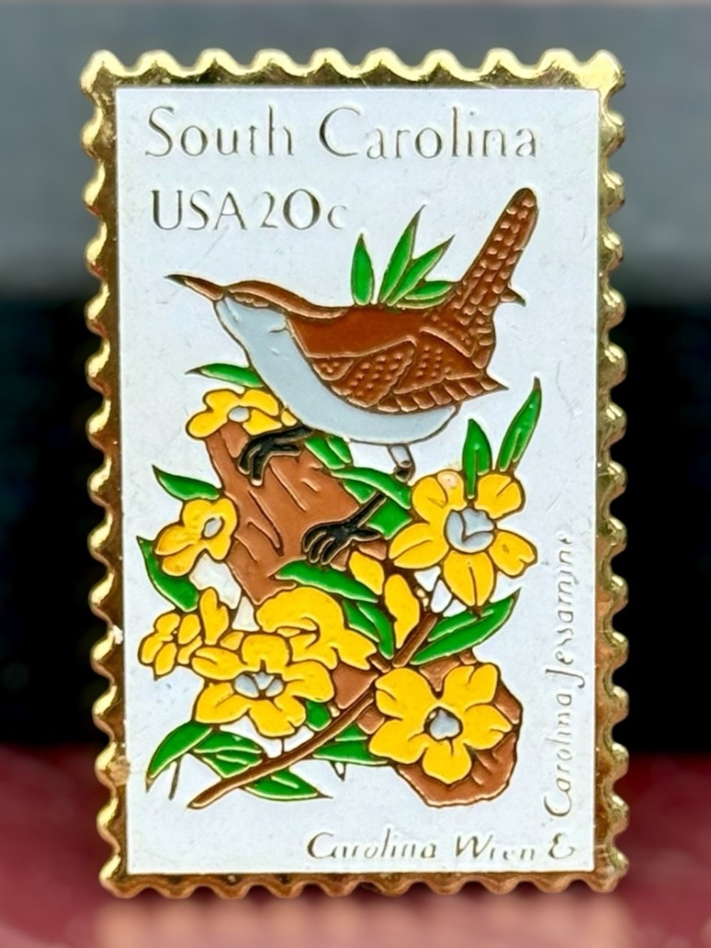 Vintage USPS South Carolina Stamp Pin Carolina Wren Jasmine Enamel 20c Lapel Pin